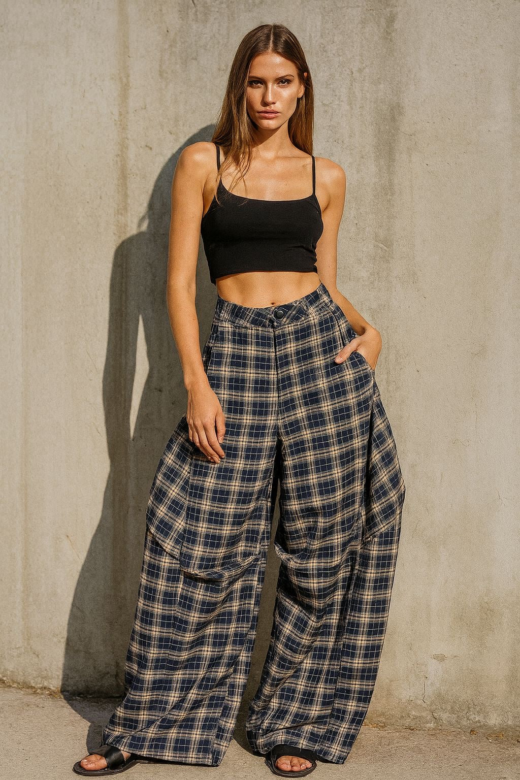 Blue & Beige Plaid Balloon Pants