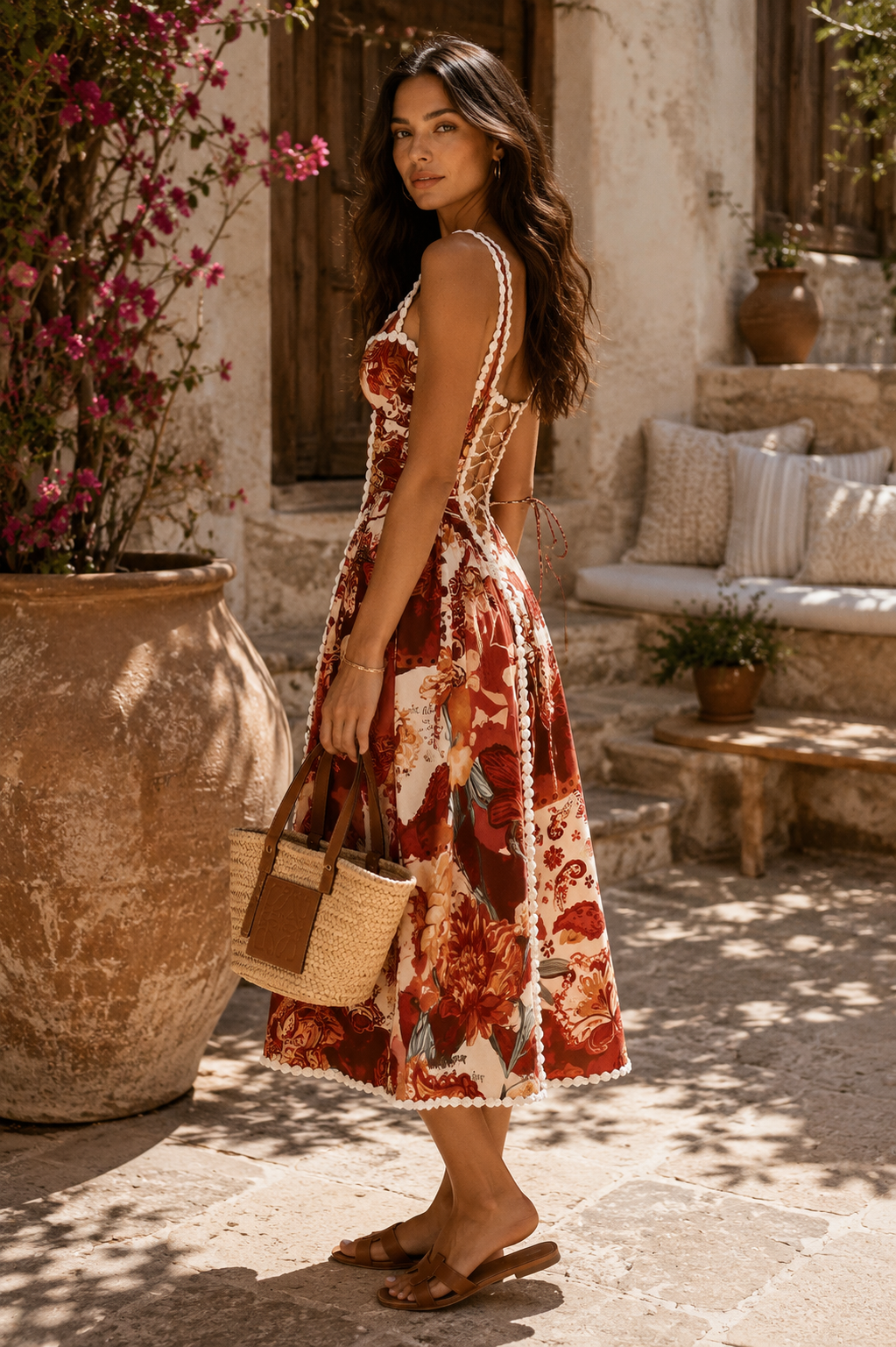 Floral Paisley Midi Dress with Lace Trim