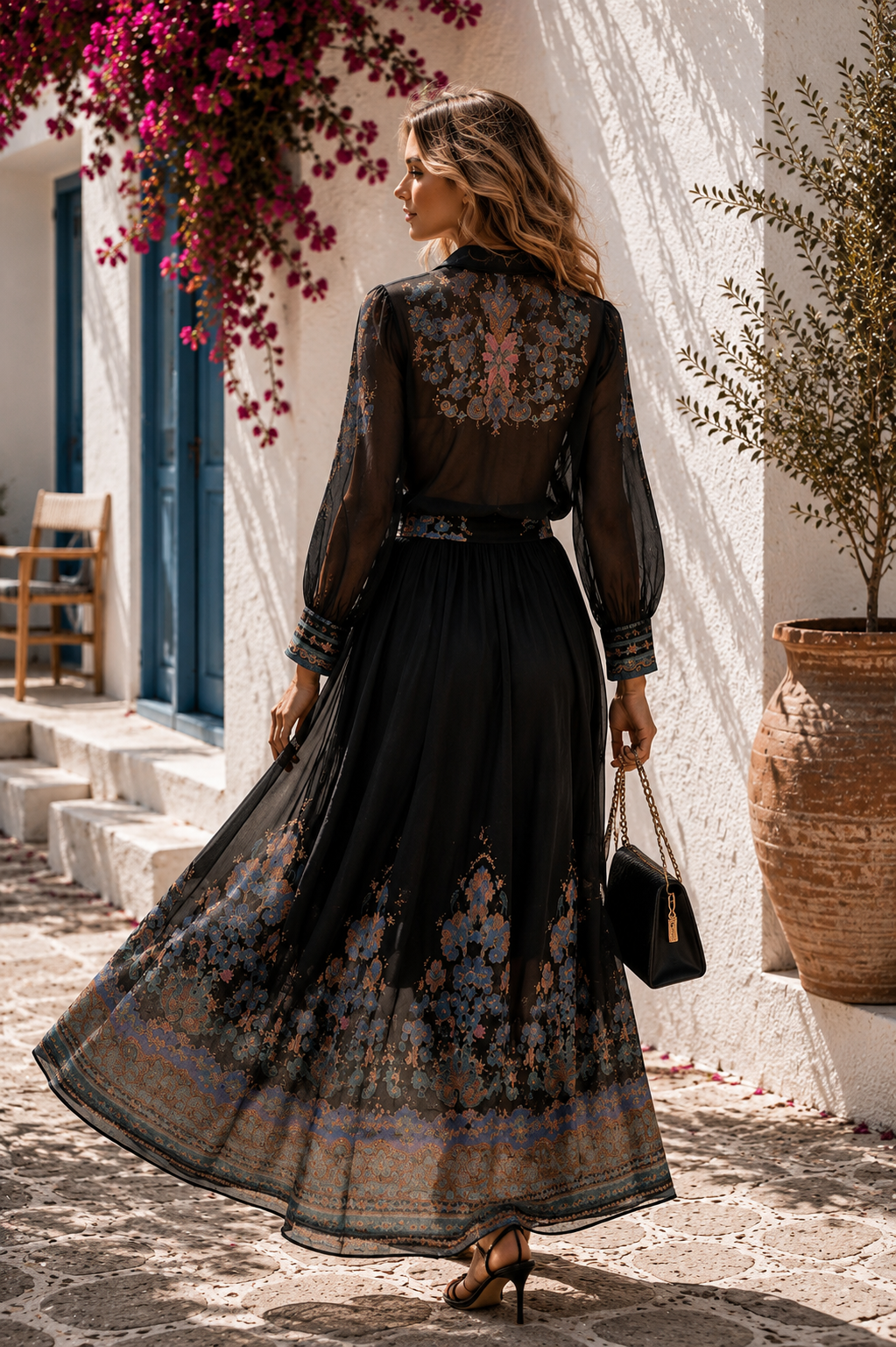 Midnight Garden Chiffon Blouse & Maxi Skirt Set