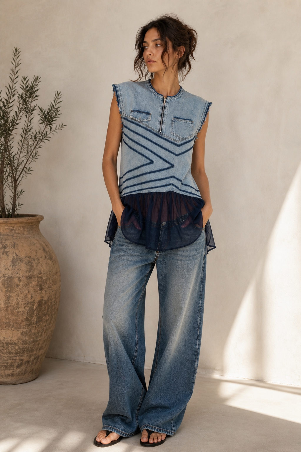 Denim & Chiffon Cut-Out Shirt
