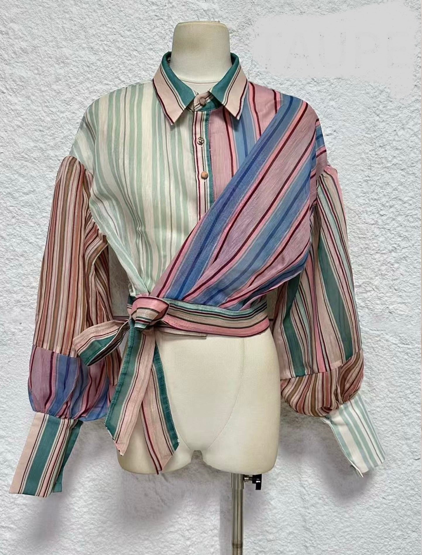 Multi-Stripe Wrap Tie Shirt