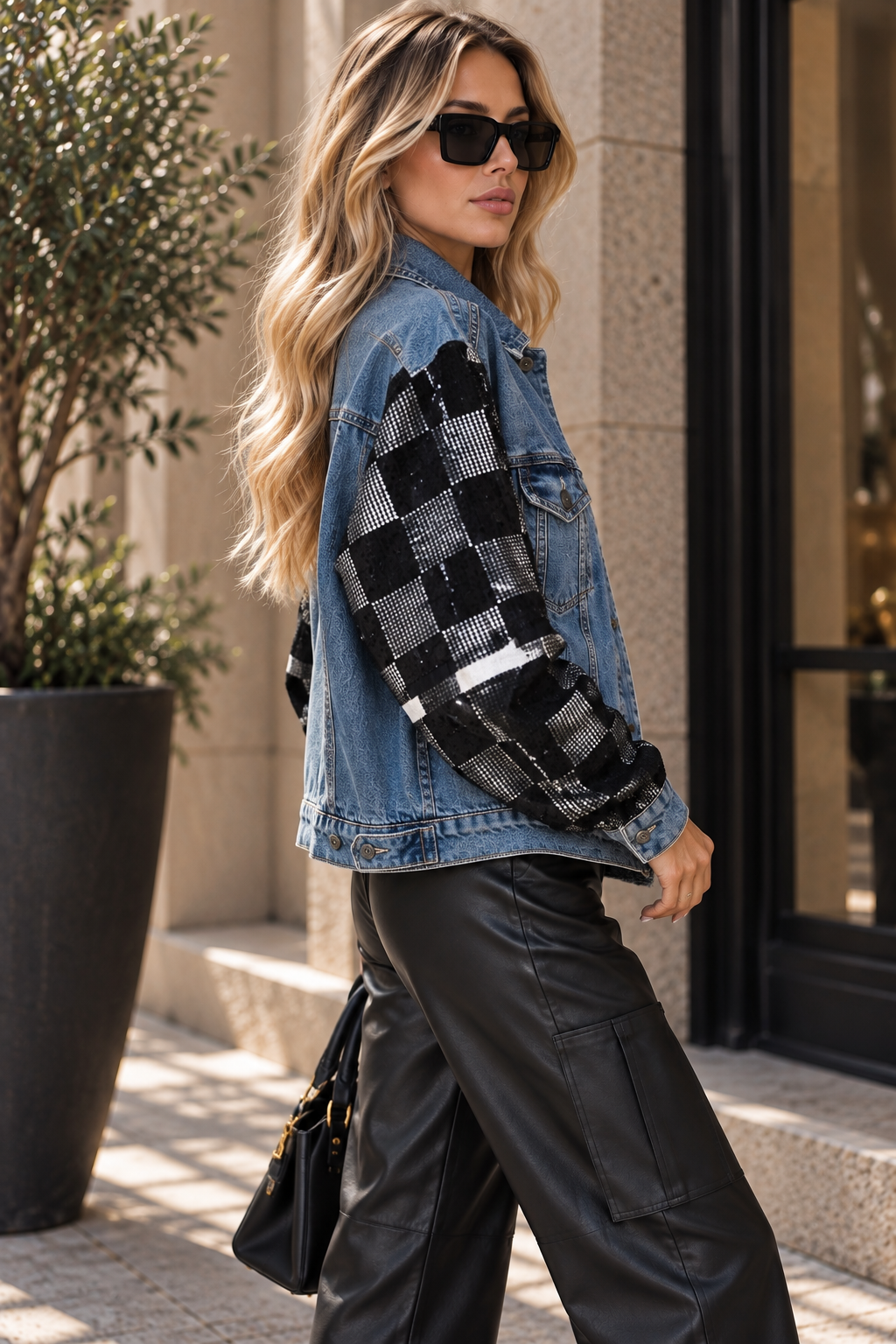 Plaid Sleeve Denim Jacket