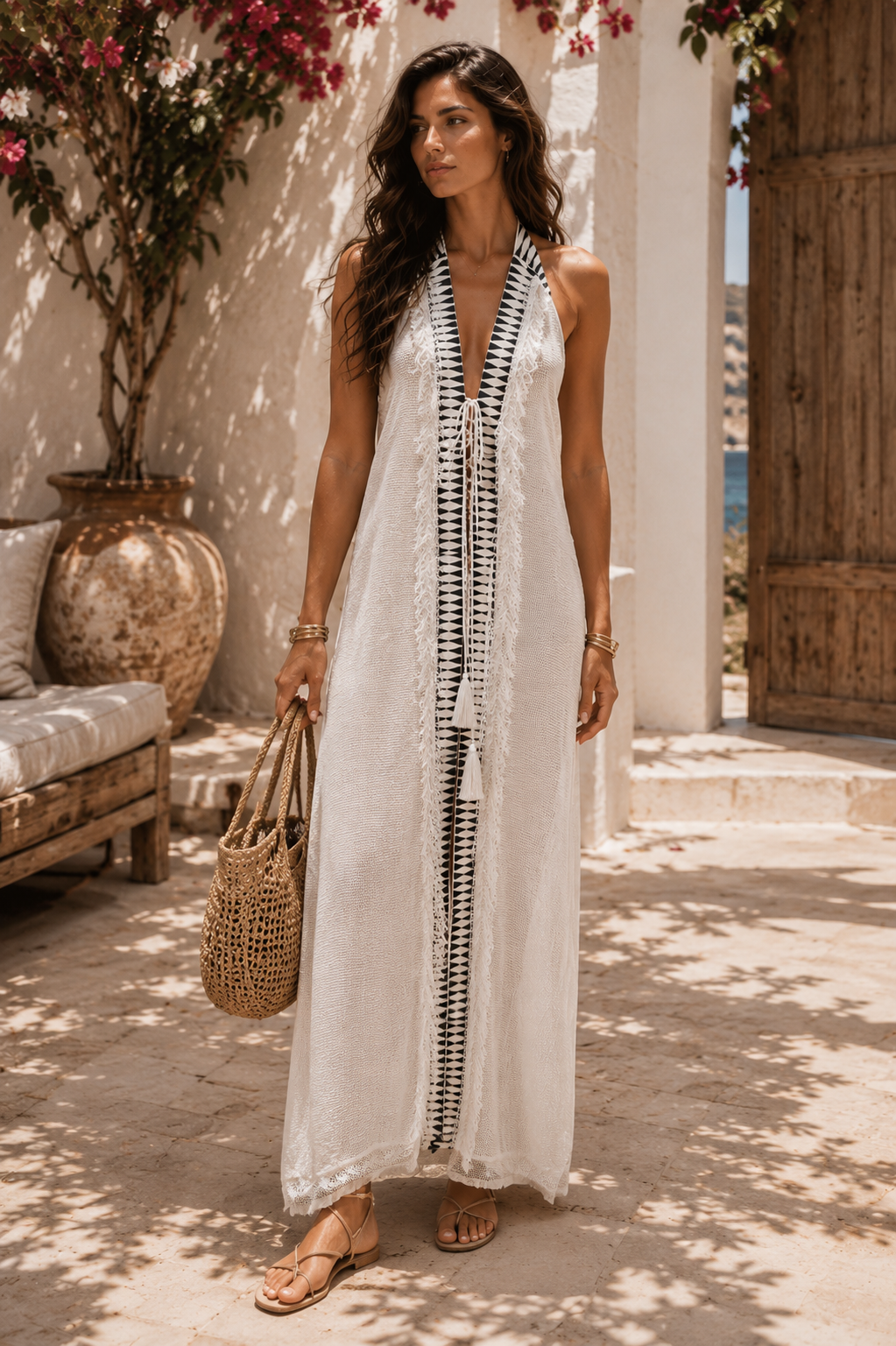 Tribal Linen Halter Backless Dress