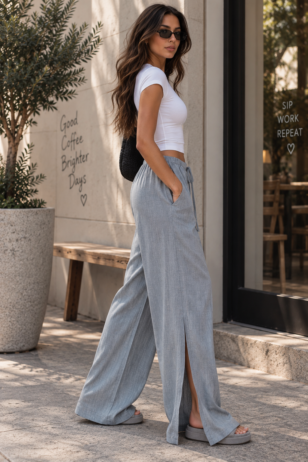 Grey Cross-Detail Linen Pants