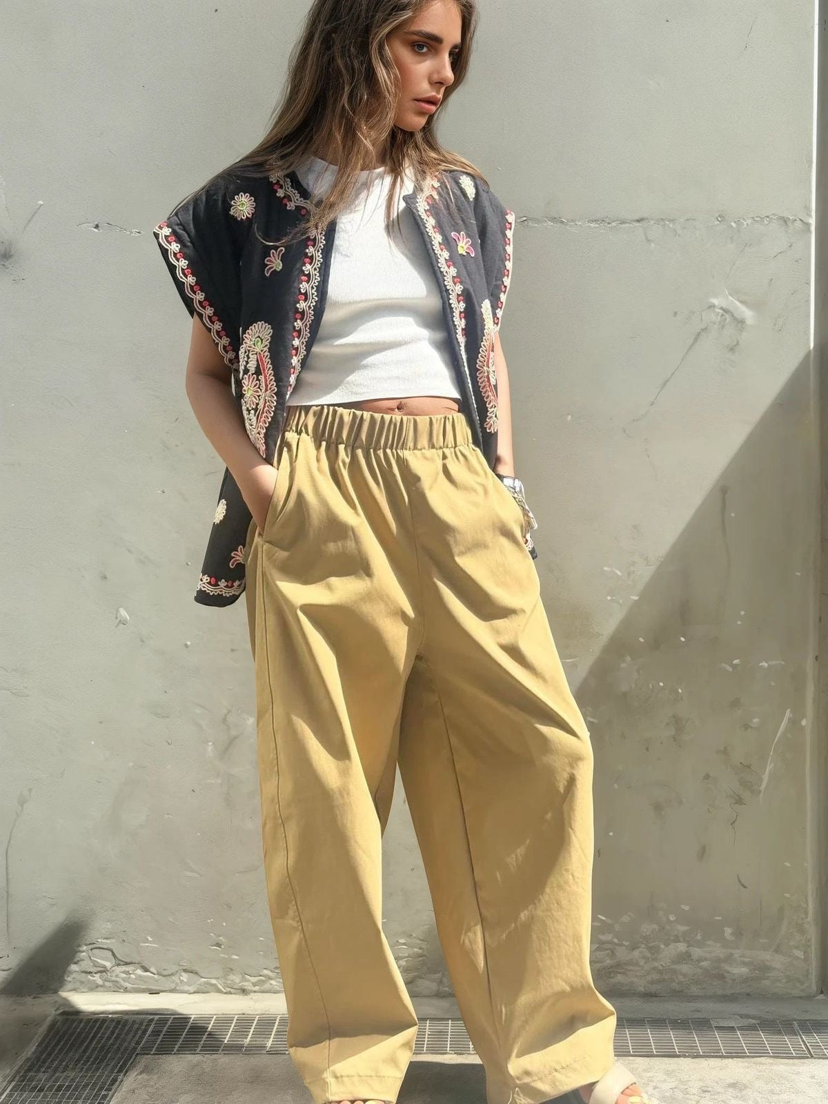 Embroidered Black Vest with Floral Details