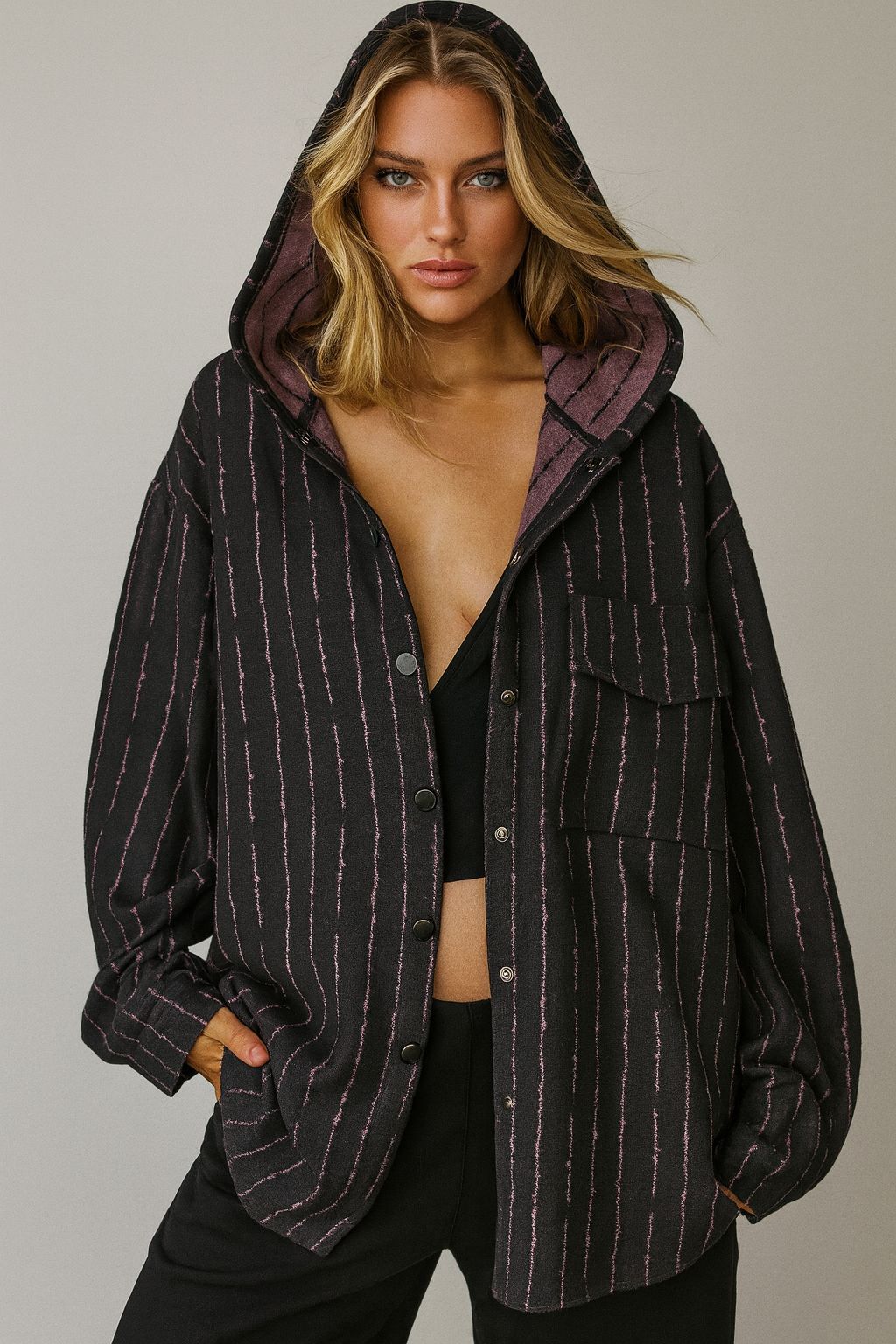 Black Pinstripe Oversized Hooded Shirt