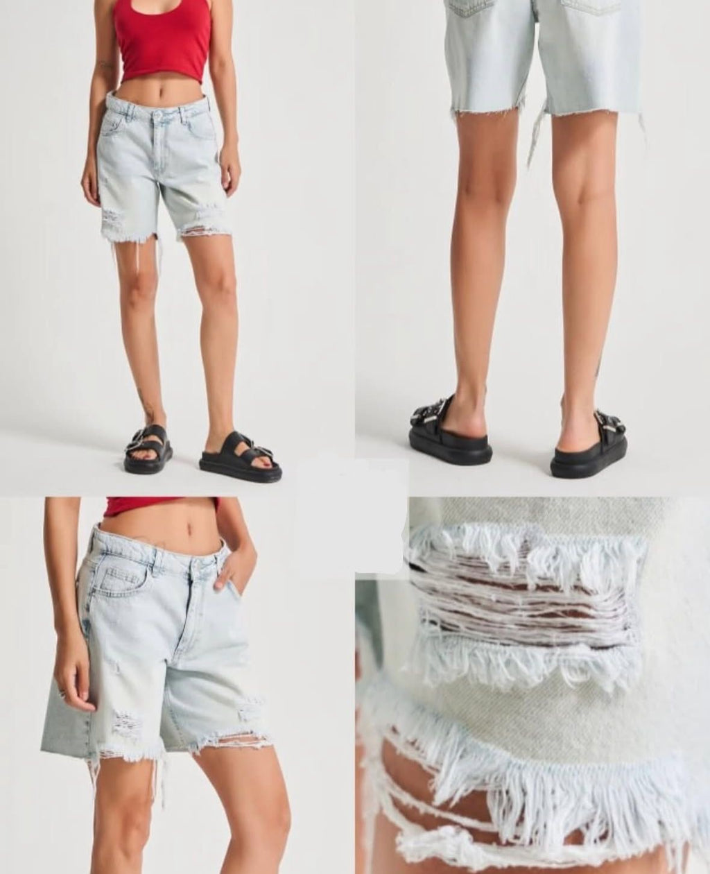 Washed Denim Long Shorts - Relaxed Fit