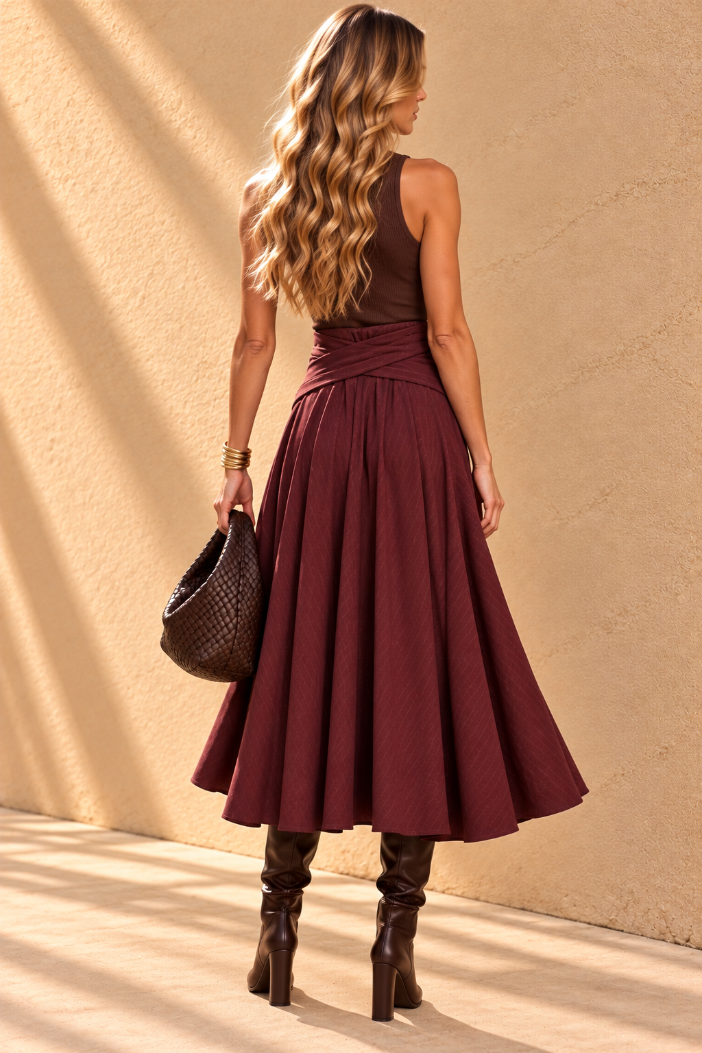 Burgundy Tie-Waist Midi Skirt