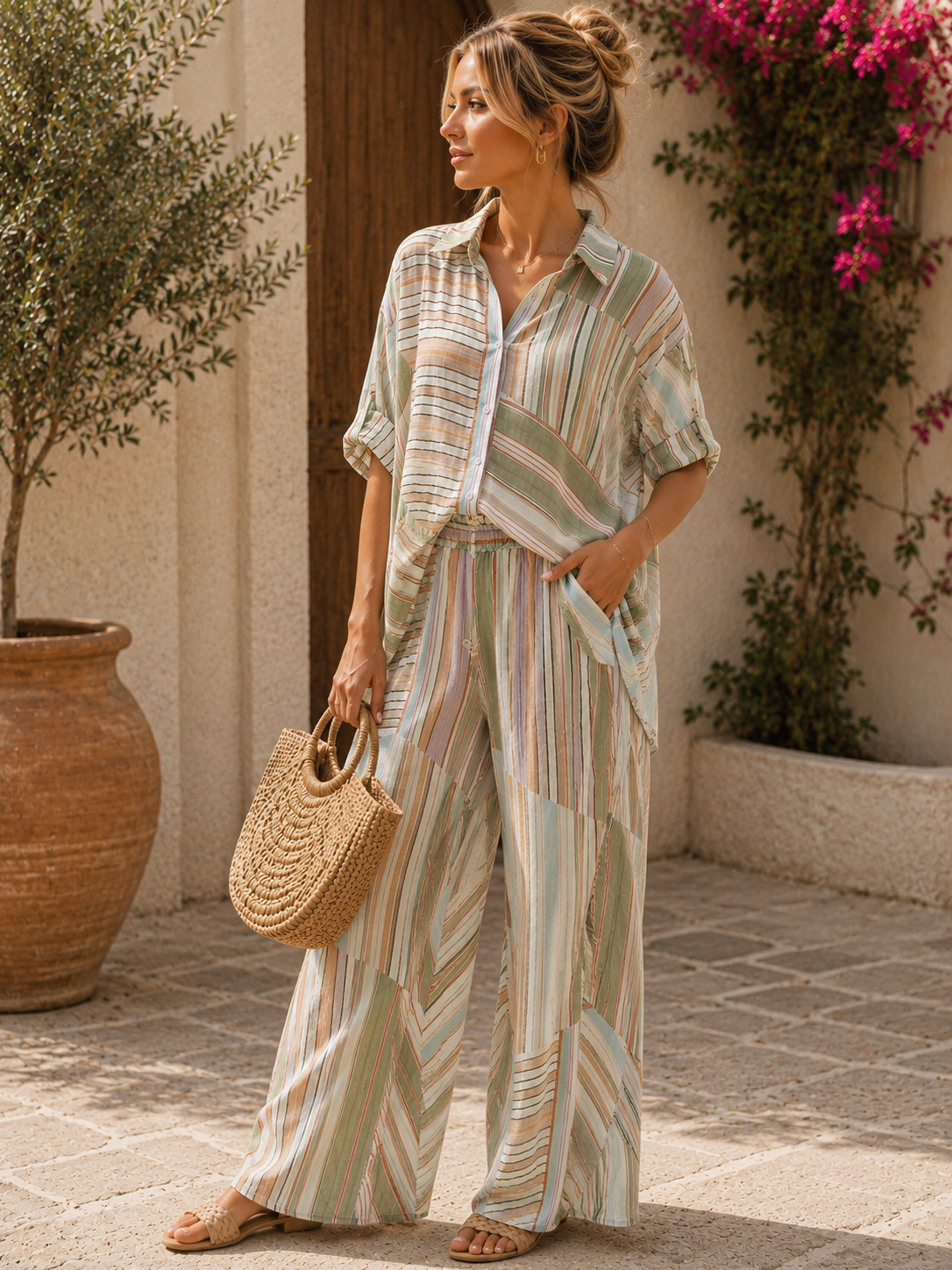 Green Stripes Linen Set