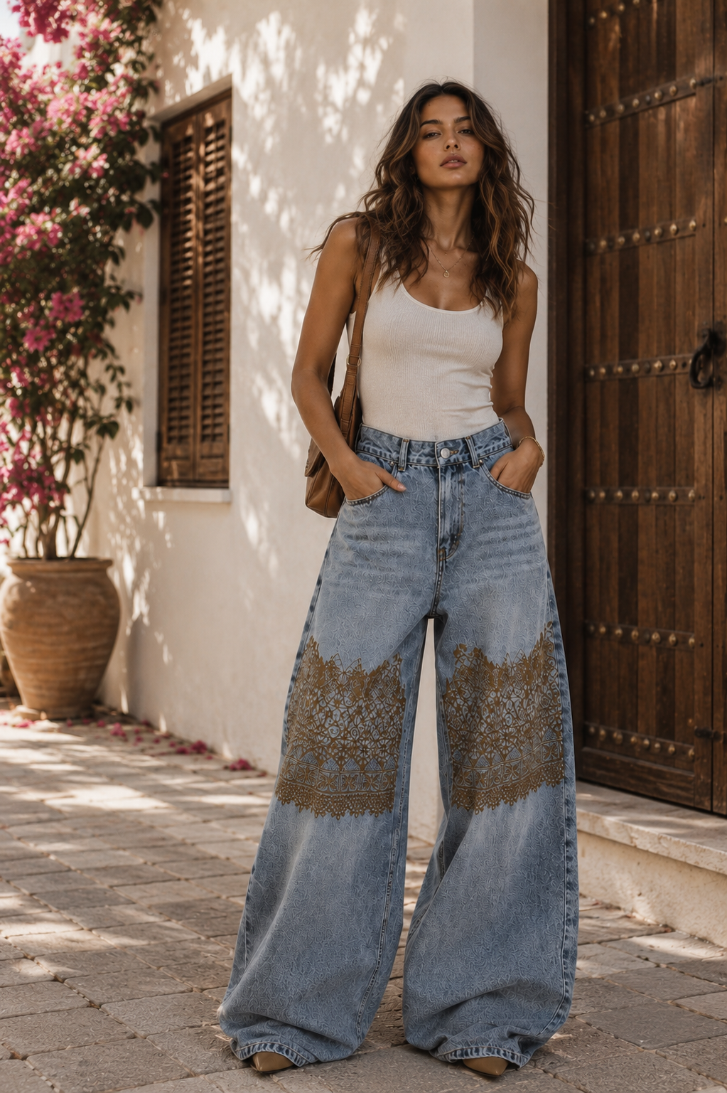 Light Print Wide-Leg Jeans