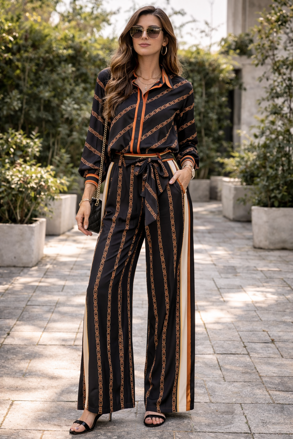 Chain Print Shirt & Palazzo Pants Co-Ord Set - Black & Coral