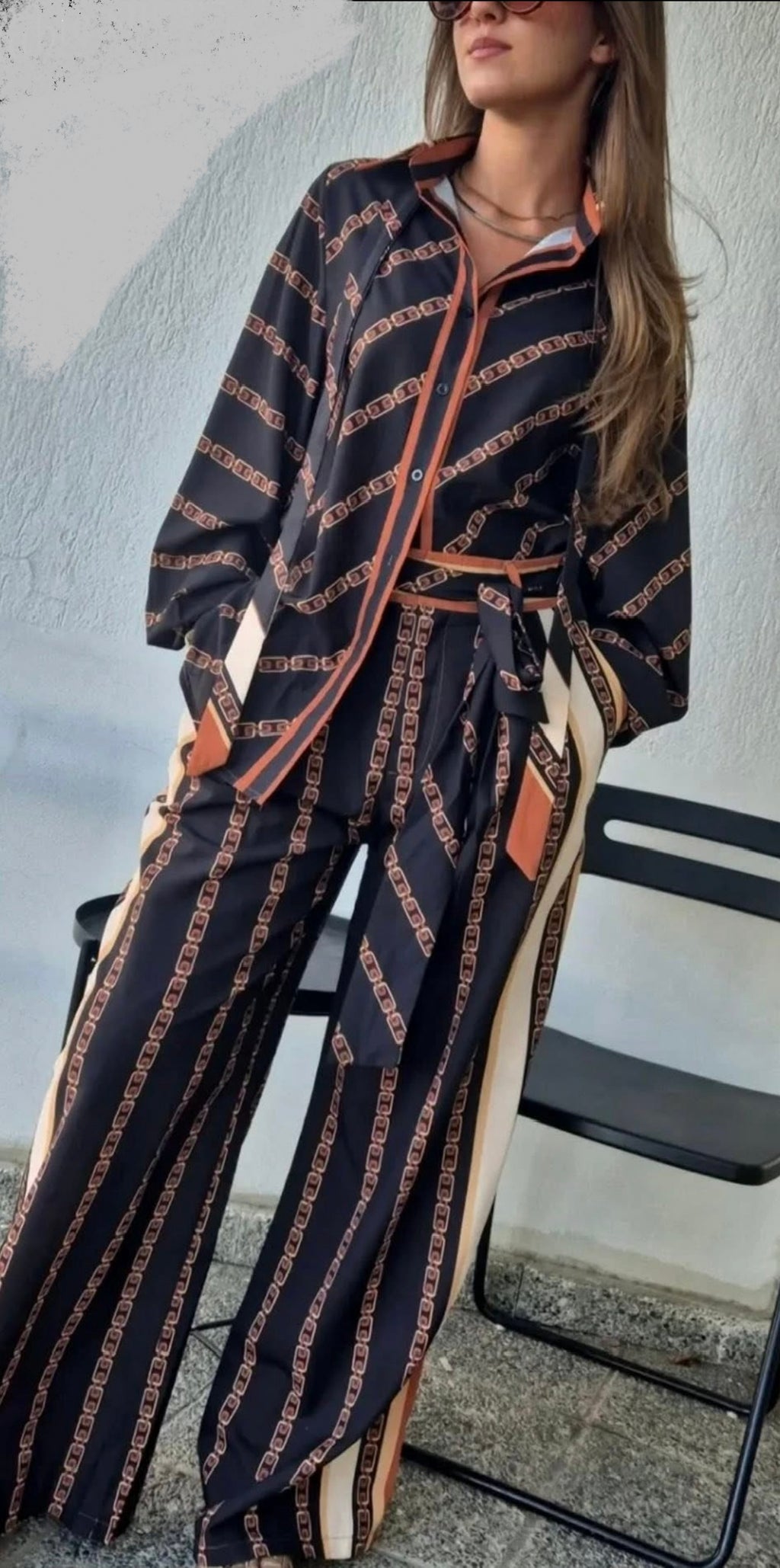 Chain Print Shirt & Palazzo Pants Co-Ord Set - Black & Coral