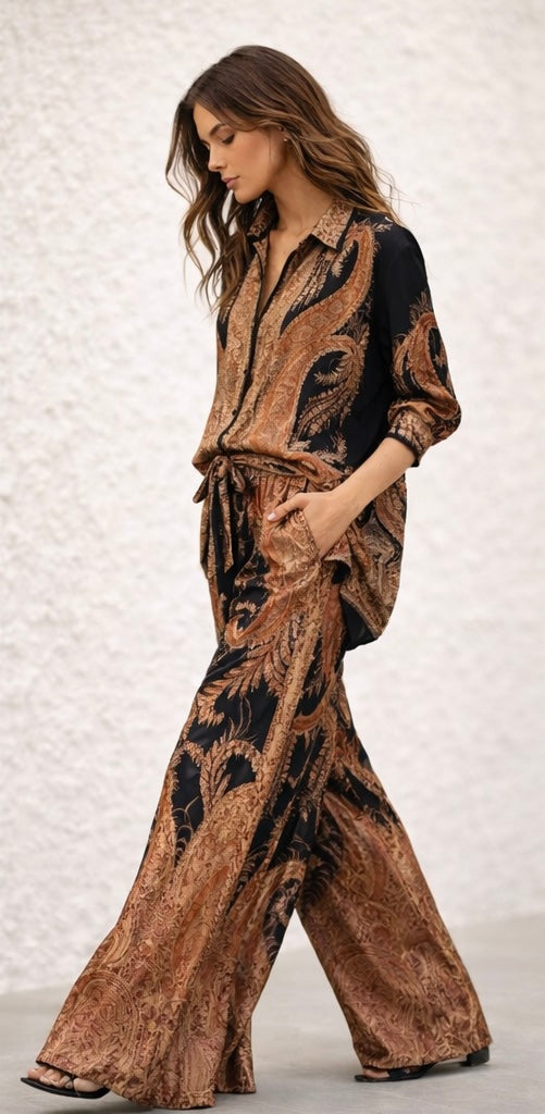 Luxe Paisley Print Shirt and Palazzo Pants Set