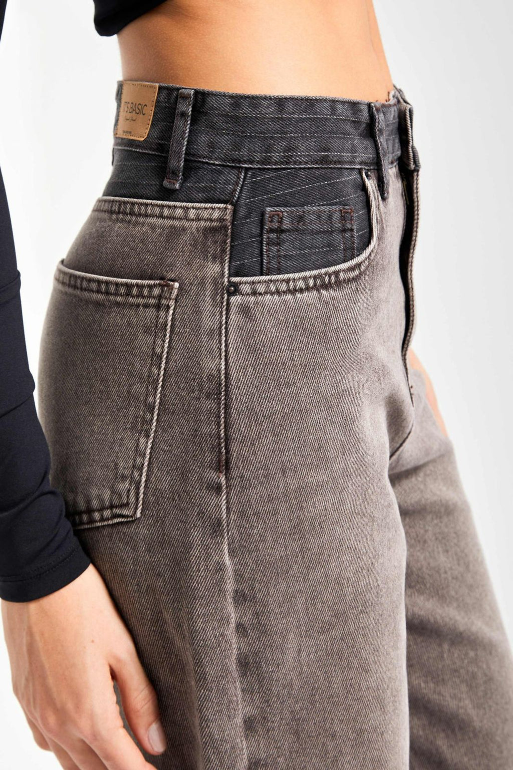 Two-Tone Waistband Washed Grey Jeans
