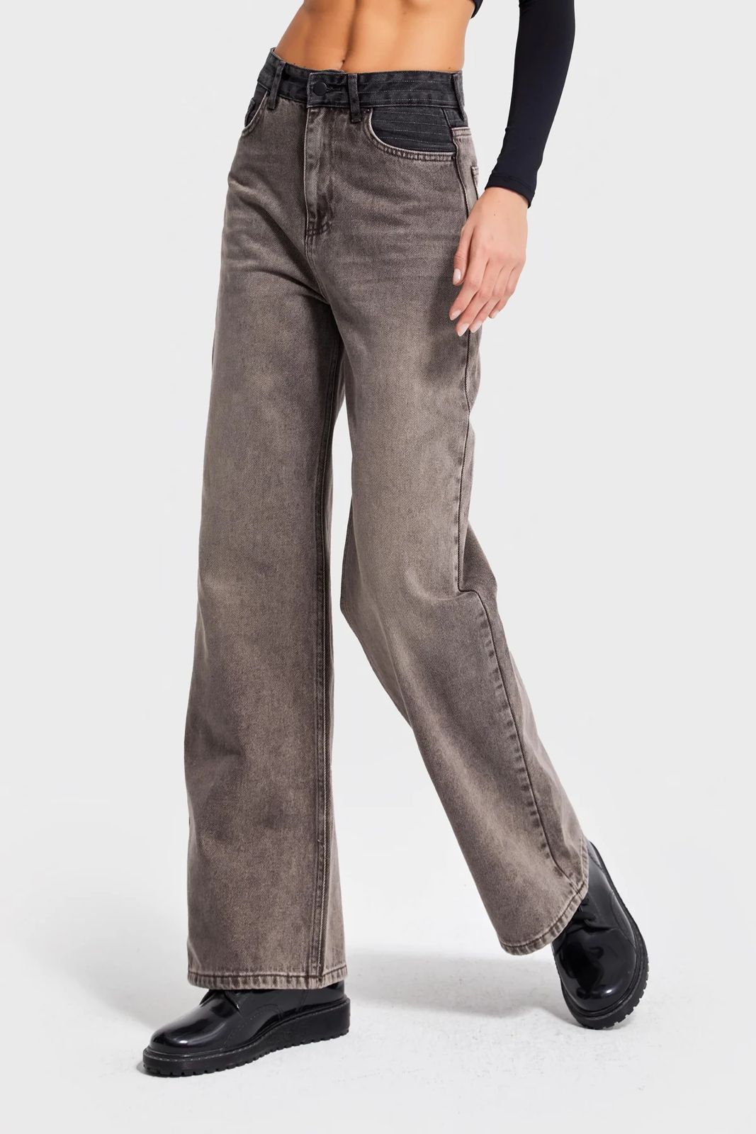 Two-Tone Waistband Washed Grey Jeans