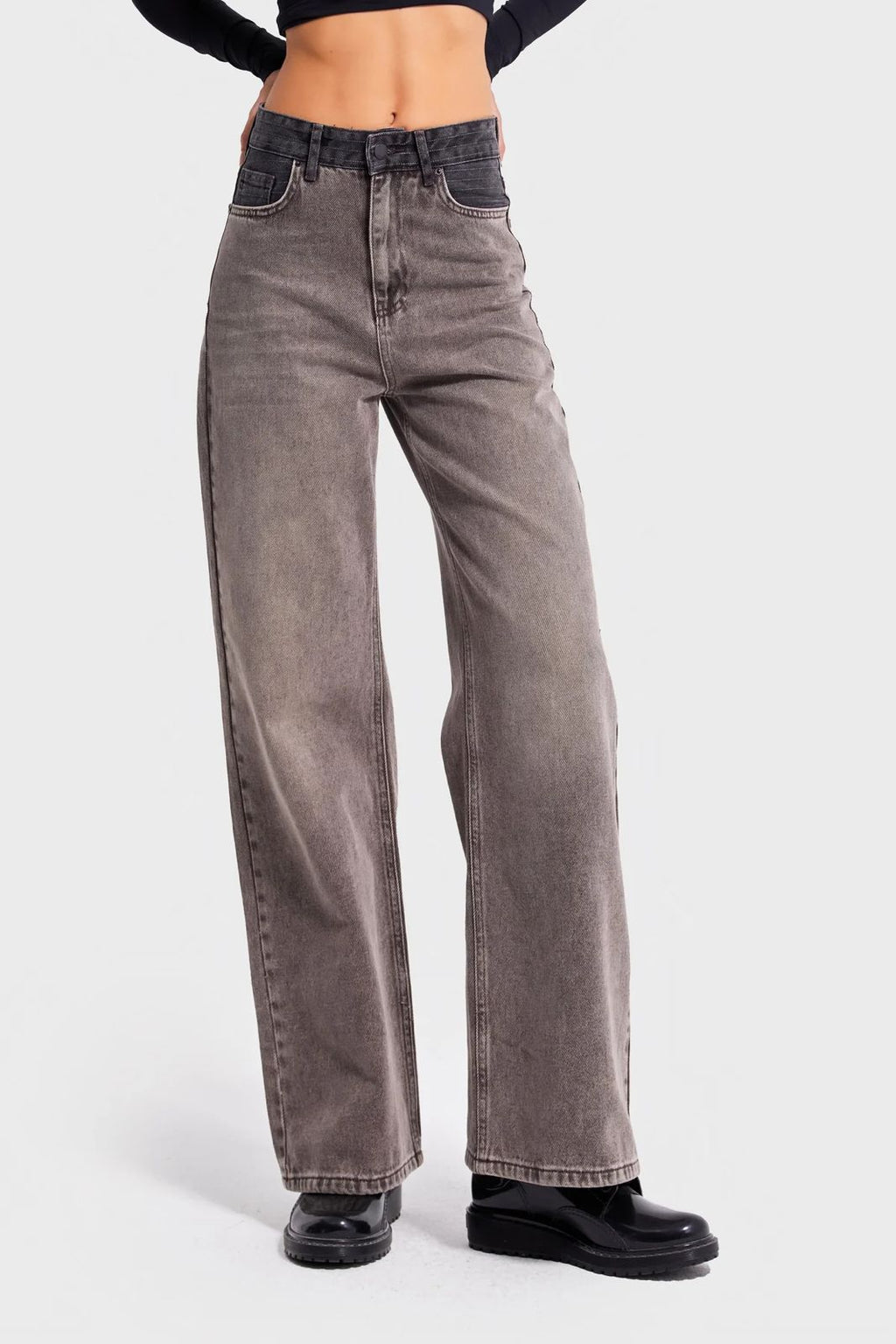 Two-Tone Waistband Washed Grey Jeans