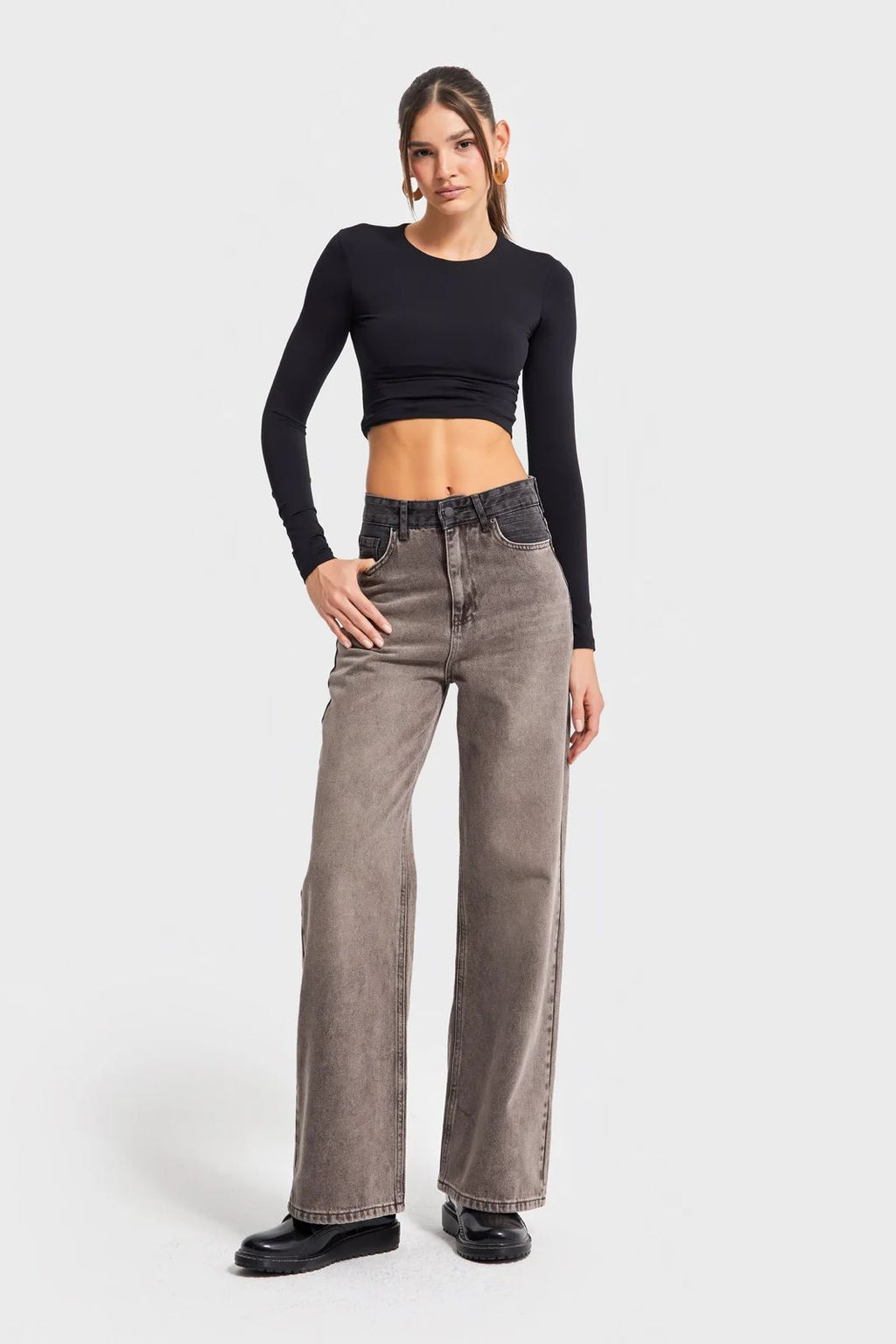 Two-Tone Waistband Washed Grey Jeans