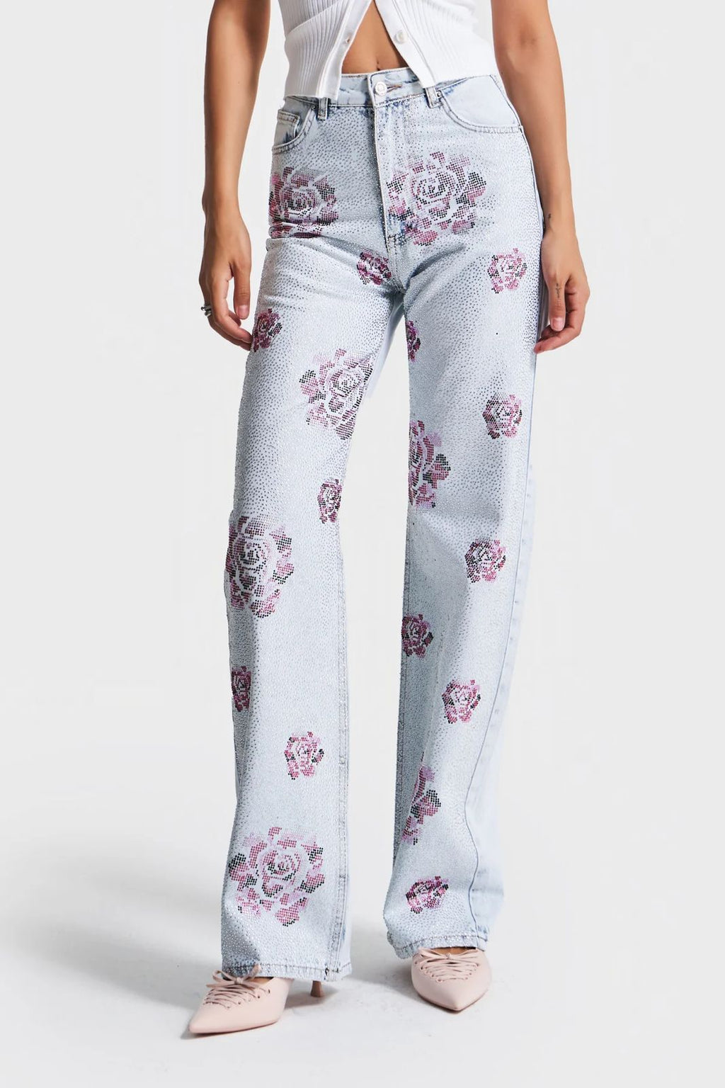 Embellished Rose-Pattern Light Wash Jeans