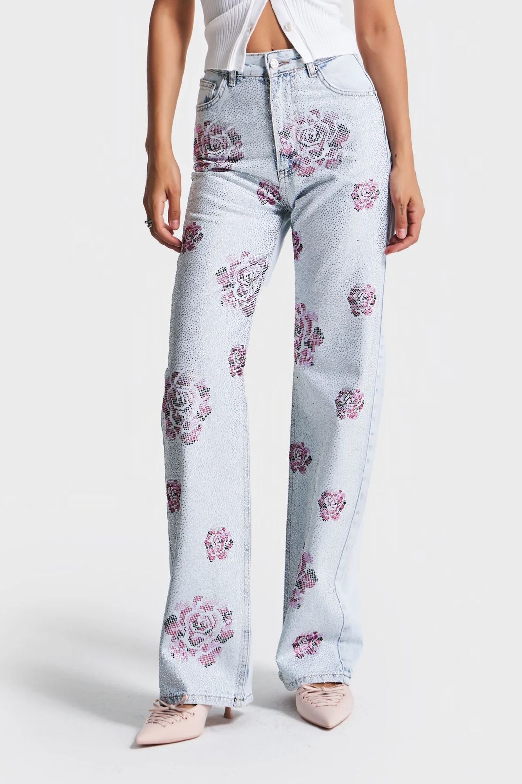 Embellished Rose-Pattern Light Wash Jeans