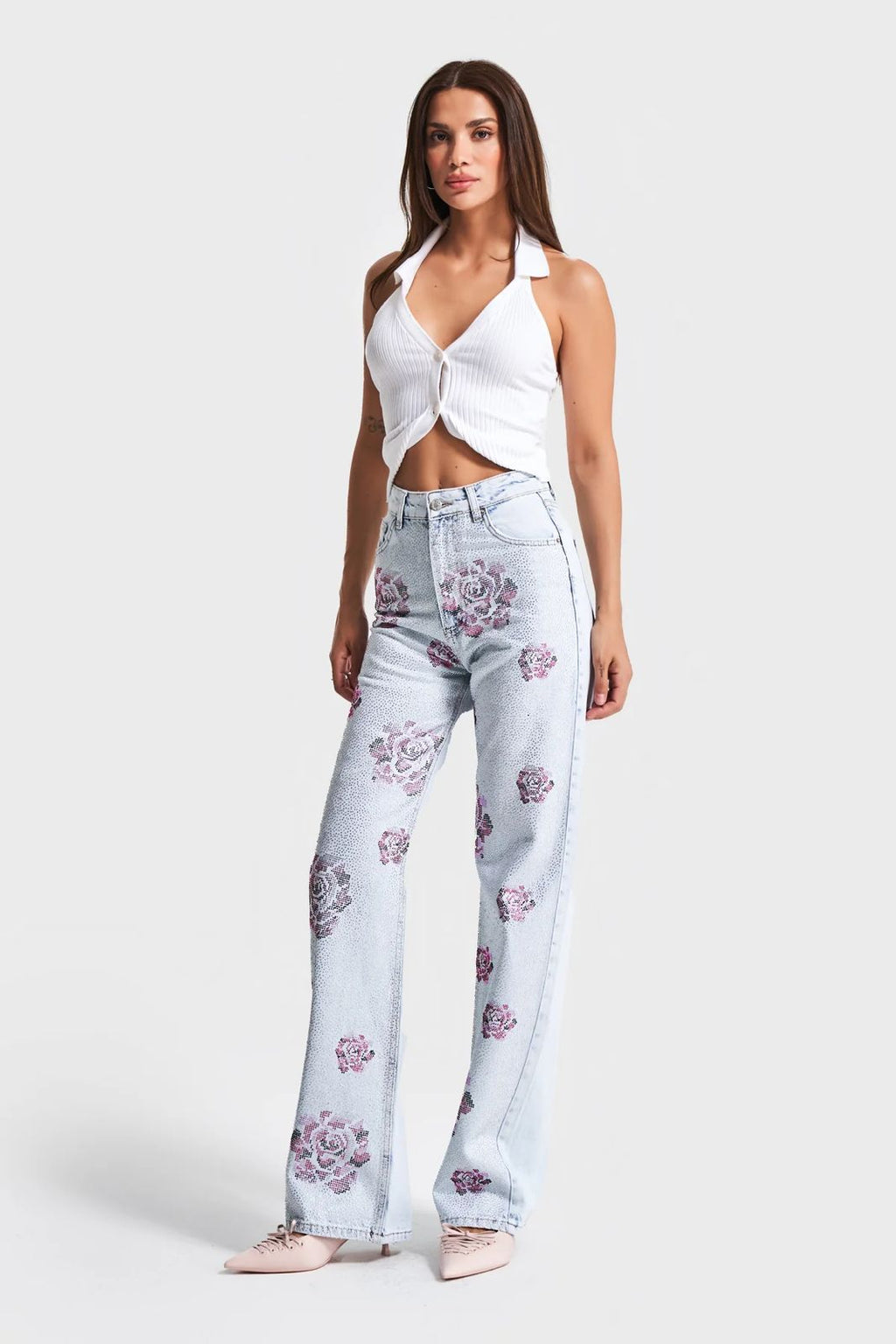 Embellished Rose-Pattern Light Wash Jeans