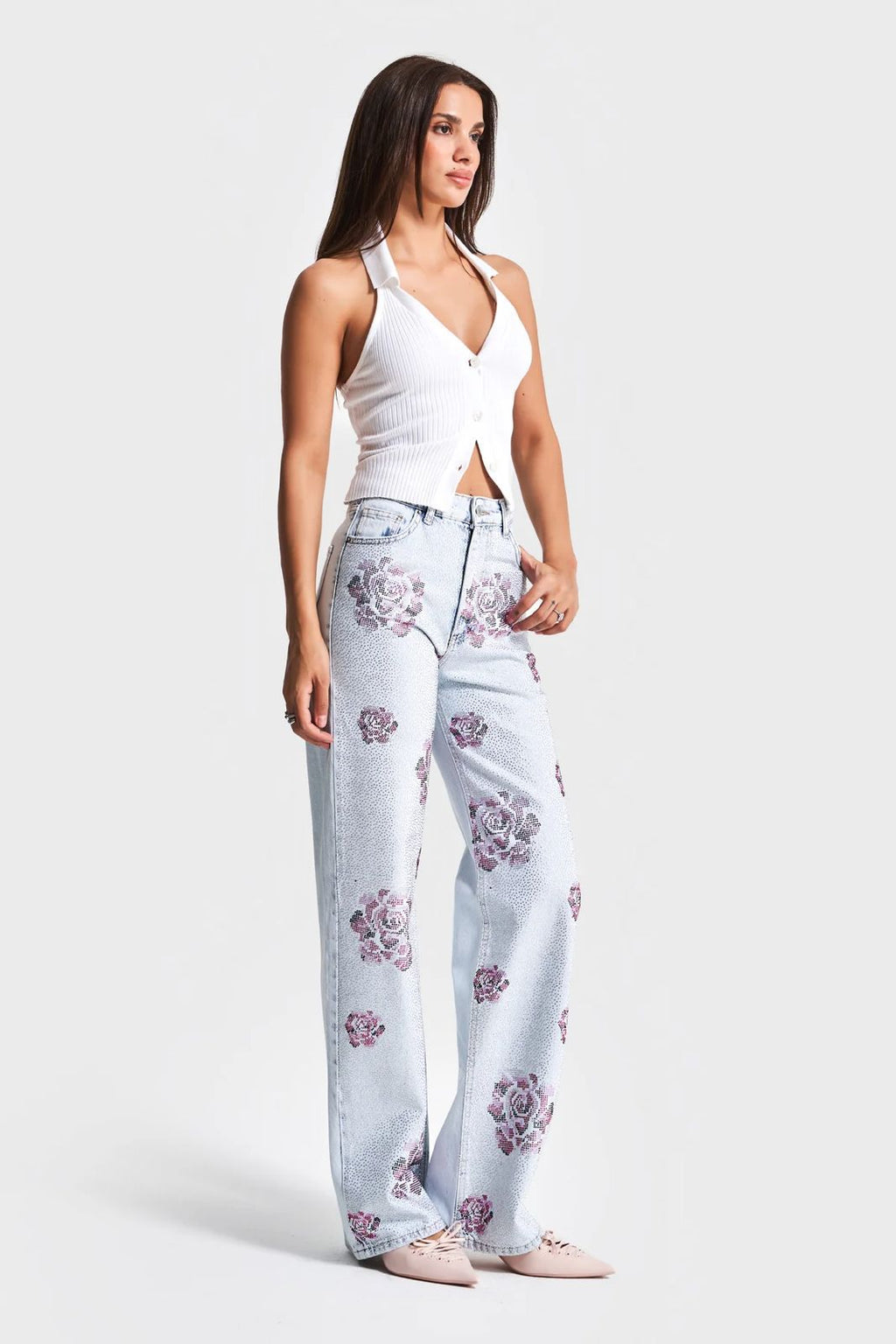 Embellished Rose-Pattern Light Wash Jeans