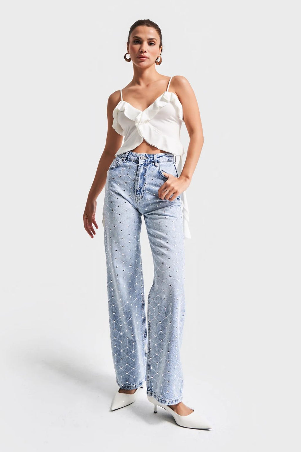 Light Wash Studded Geometric Jeans