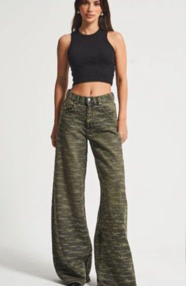 Olive Textured Palazzo Jeans