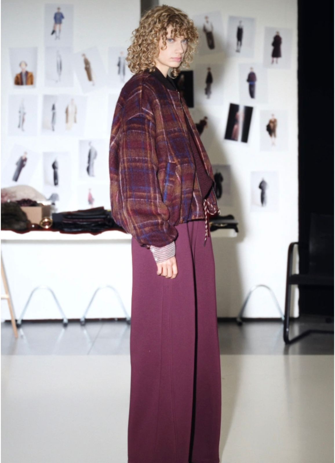 Burgundy Plaid Wool Bomber Jacket