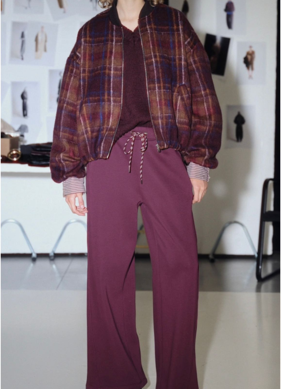 Burgundy Plaid Wool Bomber Jacket