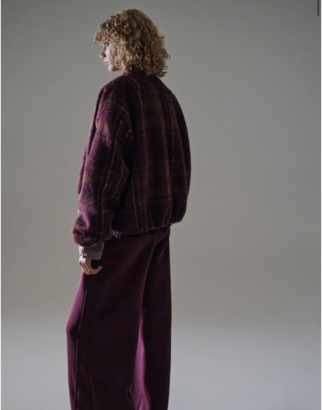 Burgundy Plaid Wool Bomber Jacket