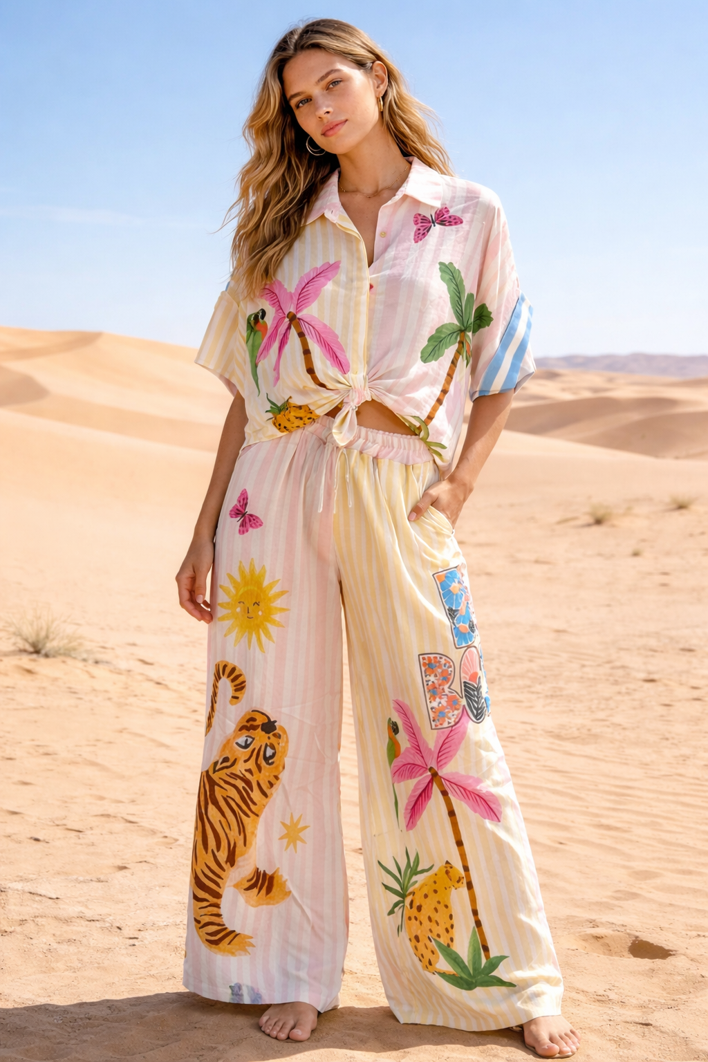 Tropical Print Loose Shirt & Pants Set