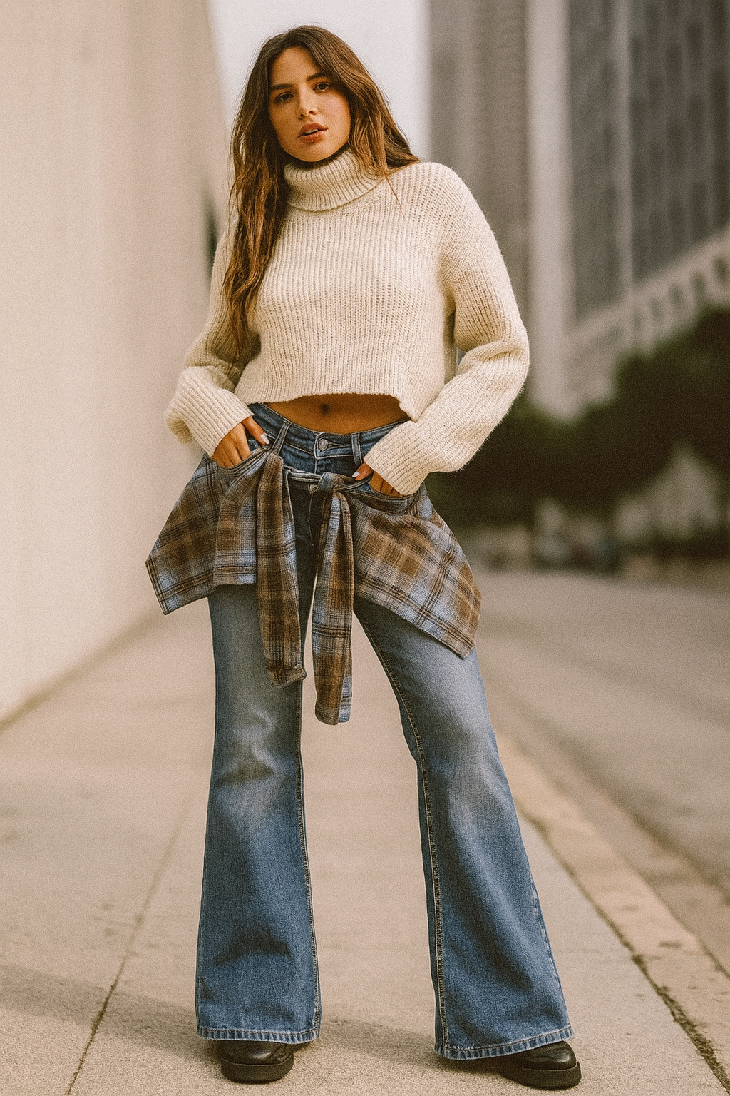 Dark washed blue Flared Trousers with Plaid Overshirt Detail