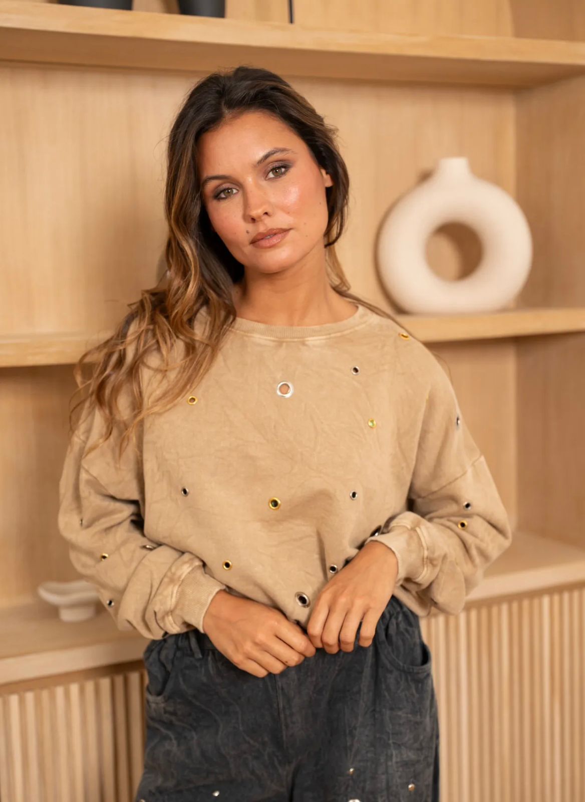 Beige Eyelet Sweatshirt