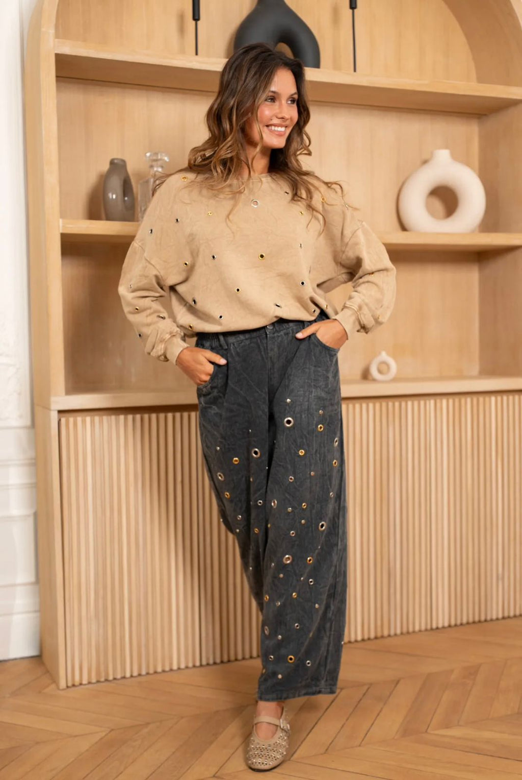 Beige Eyelet Sweatshirt