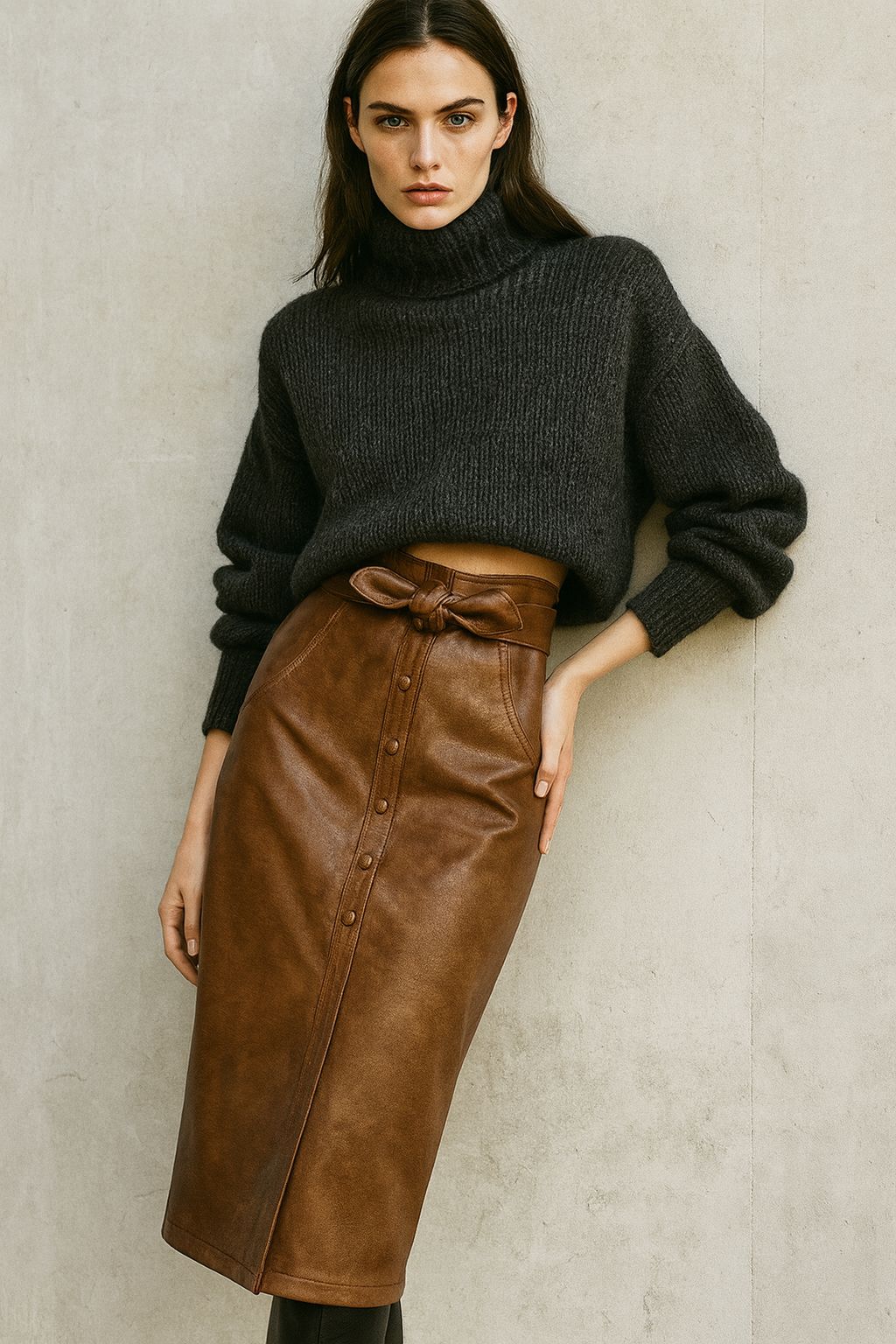Cognac Leather Midi Skirt