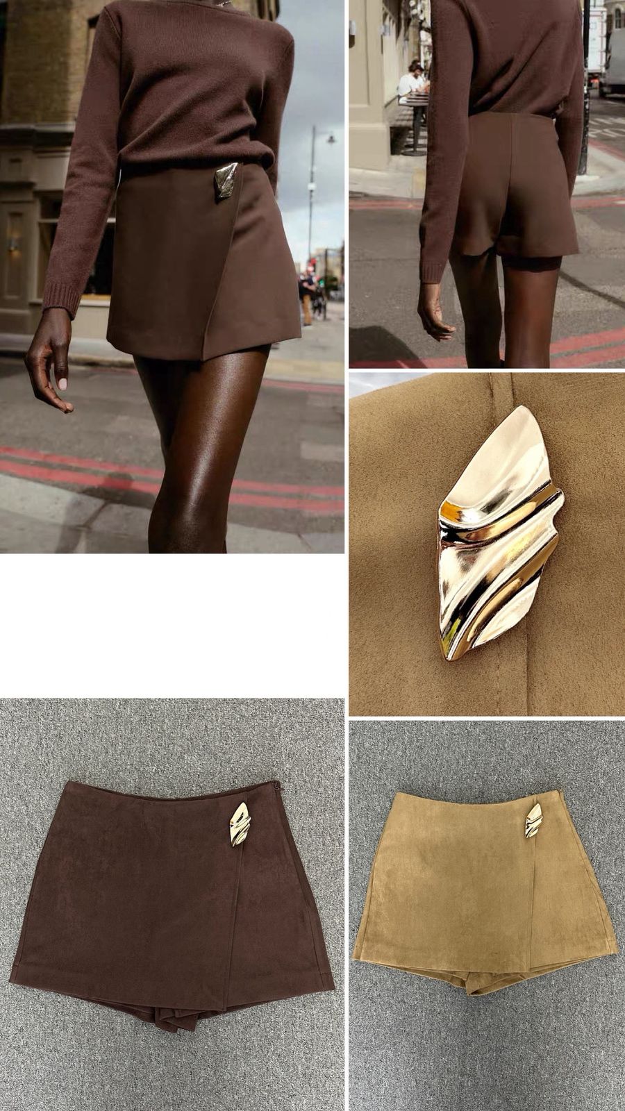 Chocolate Asymmetrical Suede Skirt with Metal Detail