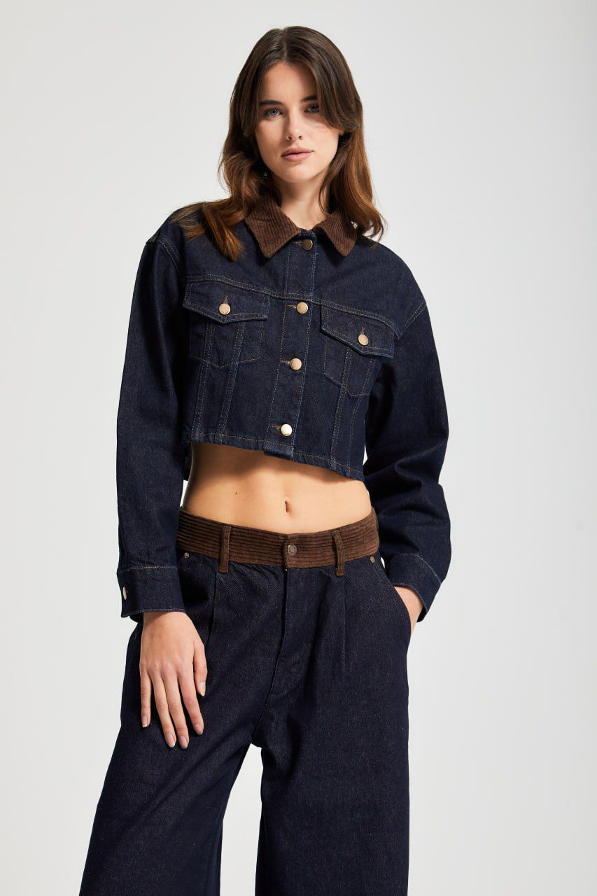 Dark Indigo Wide-Leg Jeans with Corduroy Waistband