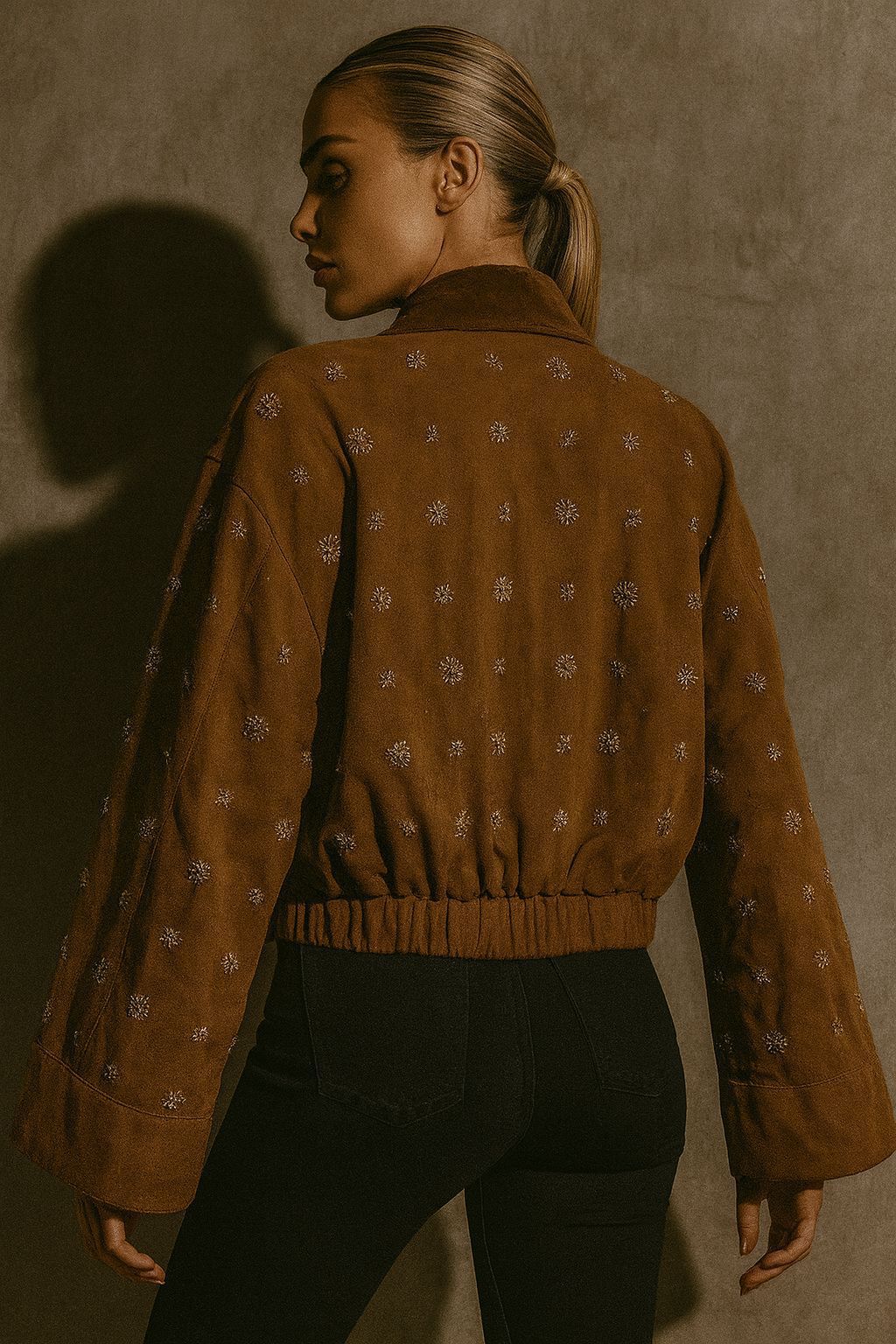 Embroidered Suede Jacket – Camel