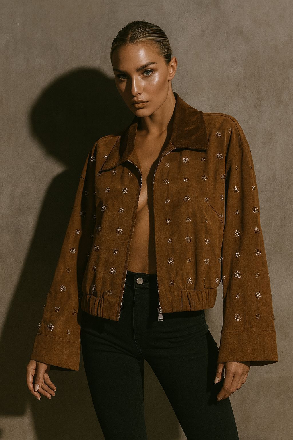 Embroidered Suede Jacket – Camel