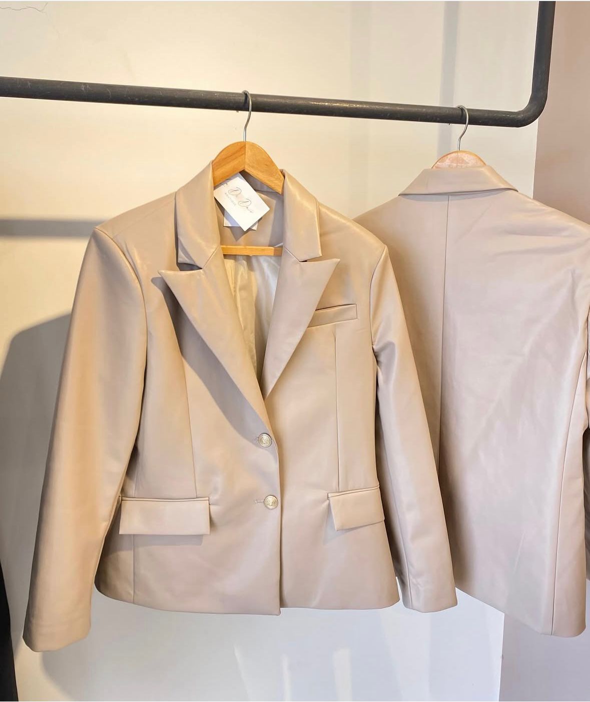 Beige Faux-Leather Tailored Blazer