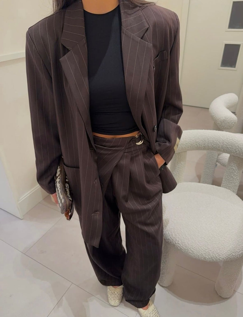 Chocolate Pinstripe Wrap Trousers