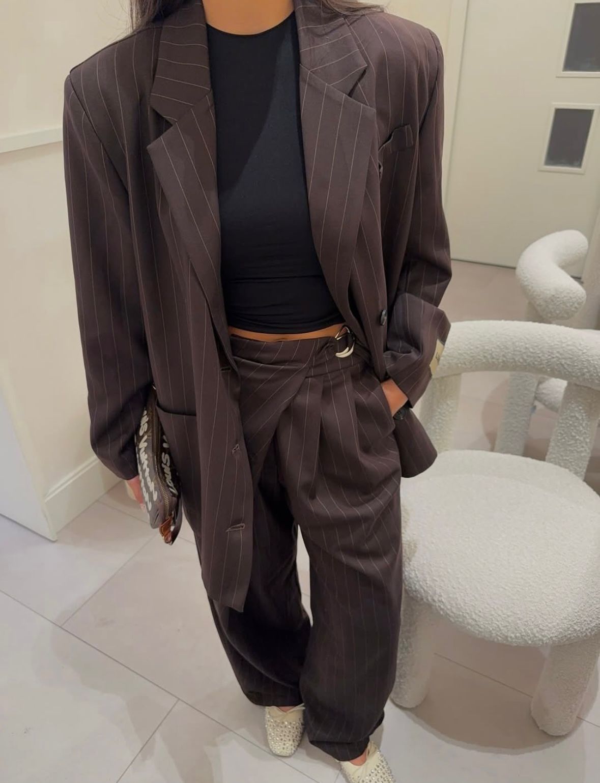 Chocolate Pinstripe Wrap Trousers